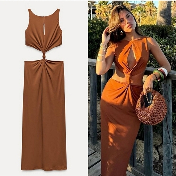 Zara Cut Out Maxi Dress Brown Size M - Picture 4 of 13